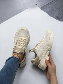 Scarpe sportive da donna Nuove scarpe casual da ginnastica con suola antiscivolo resistente, leggere, in in rete traspirante, sneaker casual da esterno alla moda e classiche con lacci, in colore contrasto e platform, scarpe casual vulcanizzate unisex primavera autunno semplici e monocromatiche a collo basso - Cachi - Visualizzare 3