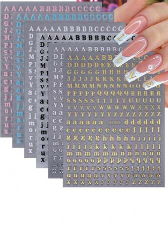 2 Sheets Letter Nail Stickers For Nail Art,Alphabet Nail Decals 3D Self-Adhesive English Letter Nail Art Stickers Black White Gold Silver Nail Designs Accessories DIY Manicure Supplies
