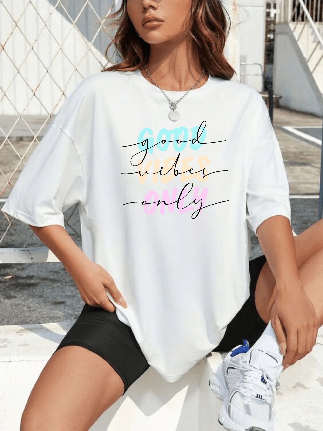 Blouse Oversized T-Shirt Print Good Vibes Only Fashion - 白色 - 查看 1