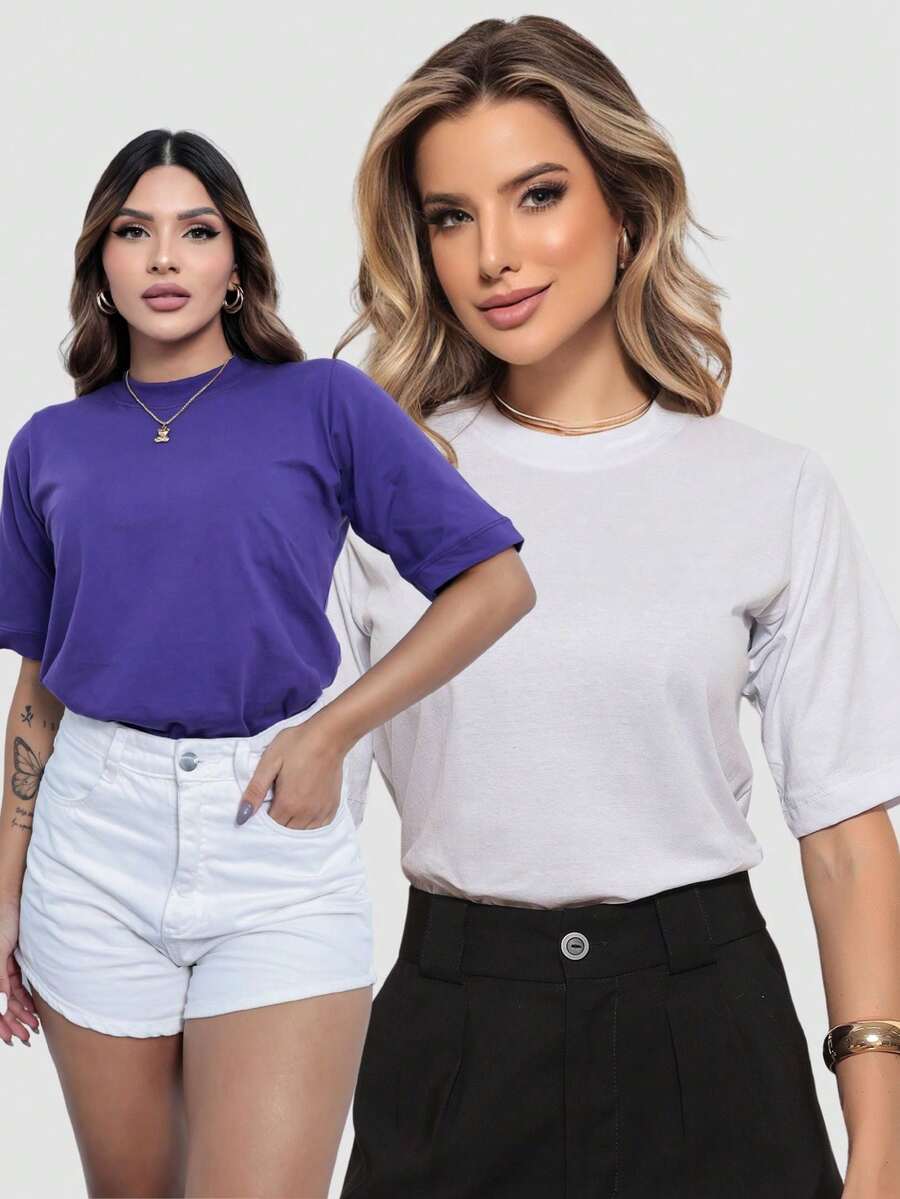 Kit 2 Women's Fashion T-Shirts Plain Turtleneck Colorful Basic Blouse Casual Stylish Sleeve Shirt - Multicolor - View 1