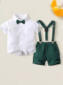 男婴正装套装小男孩夏季绅士校服短袖领结衬衫背带短裤套装 0-4 岁