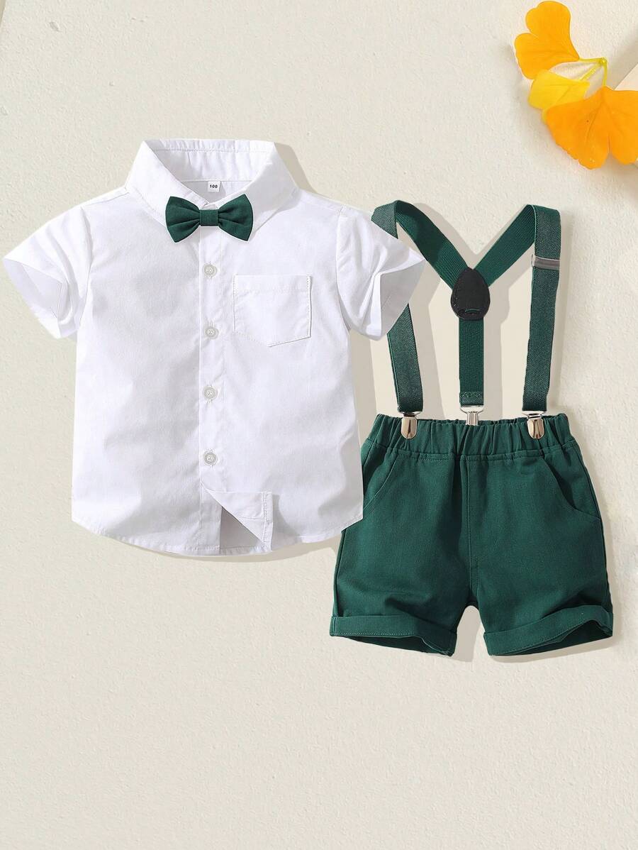 男婴正装套装小男孩夏季绅士校服短袖领结衬衫背带短裤套装 0-4 岁