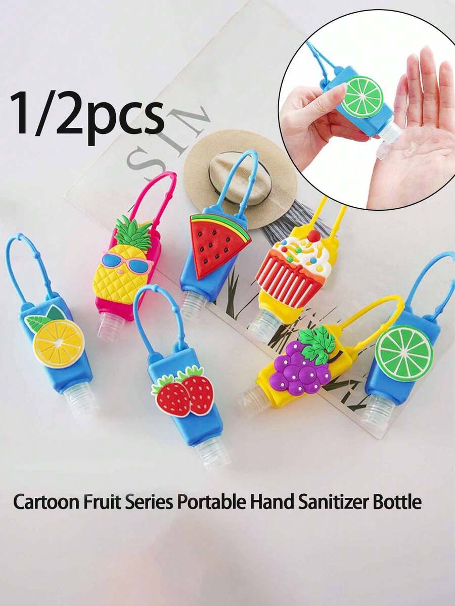 1/2 Peças Garrafa Portátil de Álcool em Gel 30ml da Série de Frutas em Desenho, Garrafa de Plástico Transparente com Manga de Silicone, Garrafas de Viagem com Tampa de Torção e Pressão, Recipiente de Plástico Transparente com Mosquetão, Garrafa Recarregável de Álcool em Gel à Prova de Vazamento, Portátil, Adequado para Negócios, Viagens, Escritório