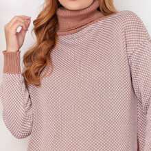 Women's Checkered High Neck Knitting Poncho - 米色 - 查看 2