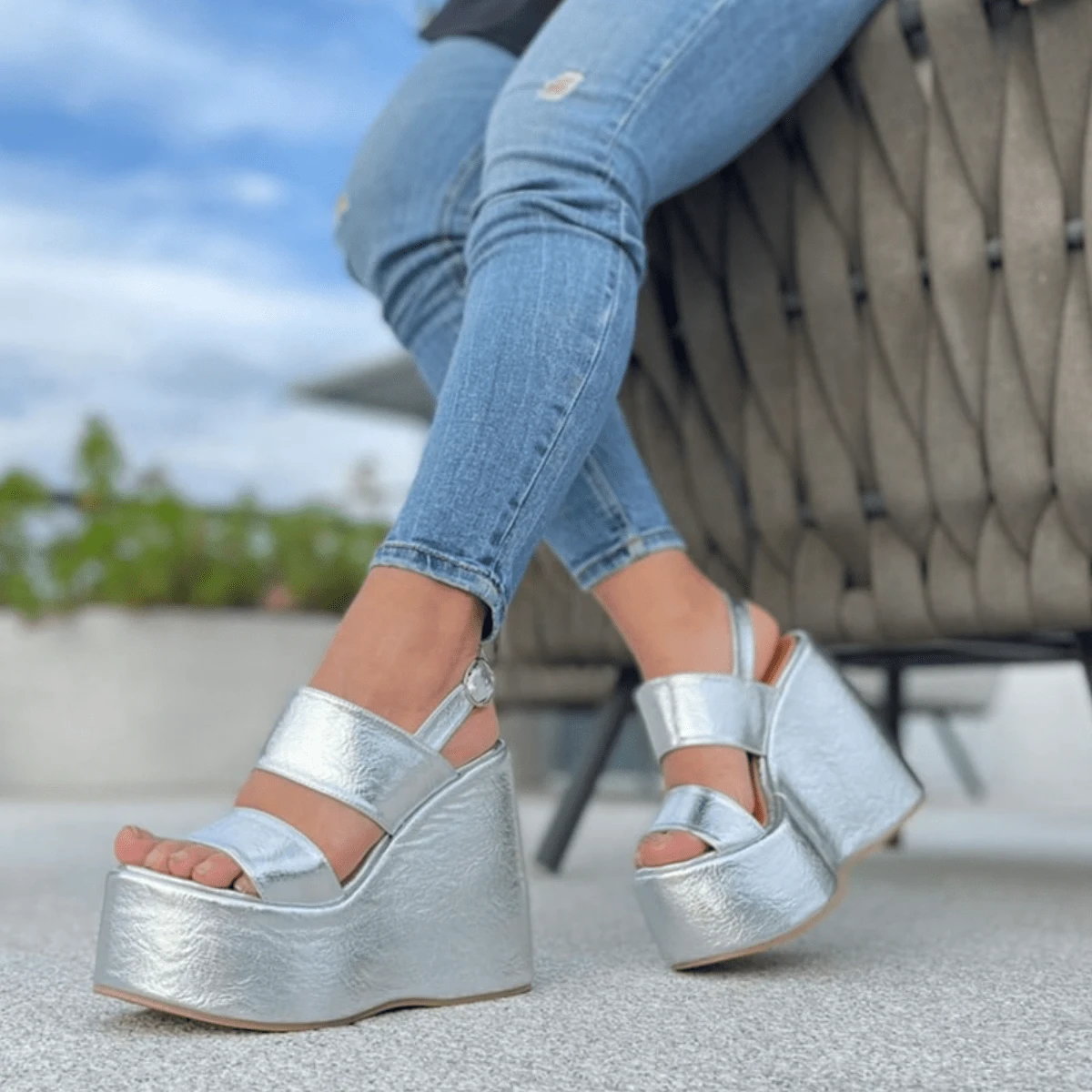 Plataformas Tacón Corrido Sandalias de Mujer con plataforma alta corridas - Plateado - Ver 1