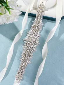 1pc Rhinestone Applique Bridal Belt Bridal Belt Wedding Belt Crystal Ribbon Wedding Dress, - Silver - View 9