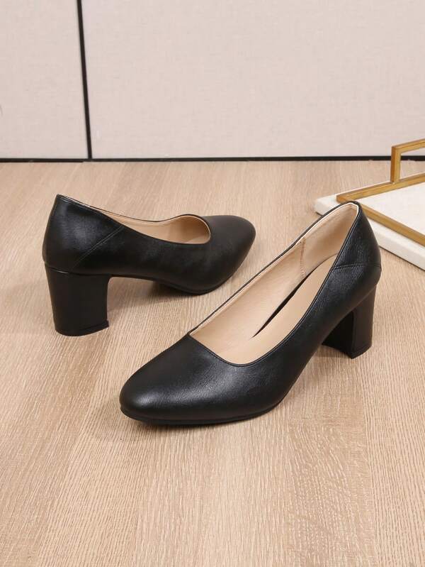 Professional Interview High Heels, Formal Ceremony Shoes, Chunky Mid-Heel Pumps, Fashion Versatile Low Vamp Shoes, Flight Attendant Work Shoes, Women's Black Leather Shoes, Breathable Soft Sole, Comfortable For Long Work Hours