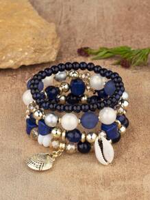 4 piezas Pulseras de estilo bohemio con cuentas de cristal y colgante de concha, recuerdos para vacaciones en la playa