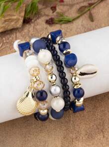 4 piezas Pulseras de estilo bohemio con cuentas de cristal y colgante de concha, recuerdos para vacaciones en la playa