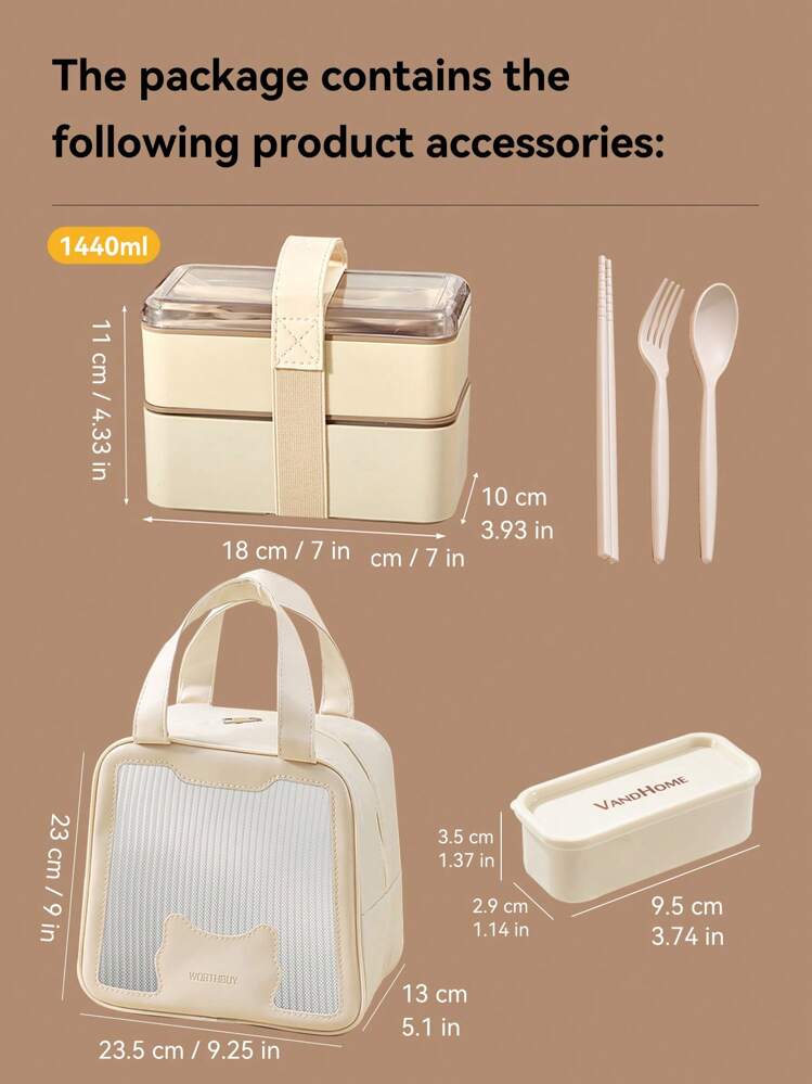 1 Set 1440ml Fiambreras de plástico aptas para microondas con bolsa, utensilios y recipiente para salsa, caja de almacenamiento de ensalada de frutas portátil a prueba de fugas para adultos y niños, útiles escolares, regreso a clases - Beis - Añade 19