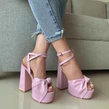 Zapatillas Plataforma Alta Tacón Ancho detalle de Moño, plataformas altas dama, zapatillas recubierto - Rosa - Ver 2