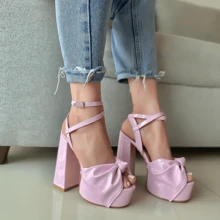 Zapatillas Plataforma Alta Tacón Ancho detalle de Moño, plataformas altas dama, zapatillas recubierto - Rosa - Ver 1