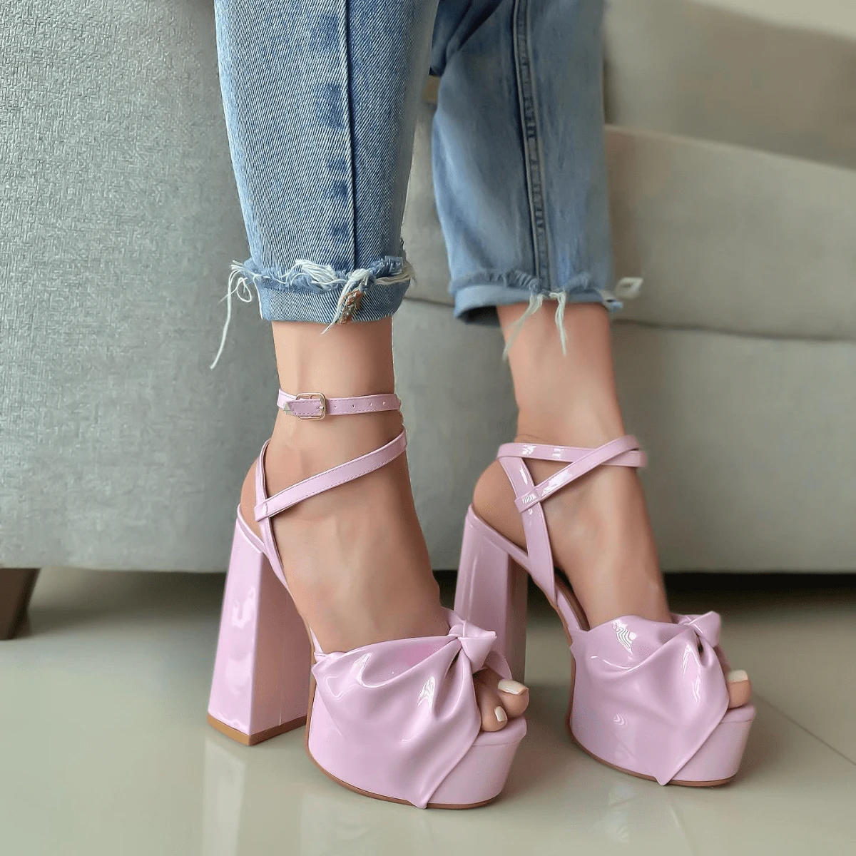 Zapatillas Plataforma Alta Tacón Ancho detalle de Moño, plataformas altas dama, zapatillas recubierto - Rosa - Ver 1