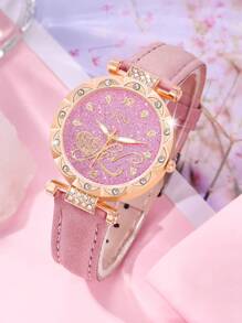 一套女士休闲时尚数字表盘石英表，适合日常佩戴、生日礼物、返校季、感恩节、浪漫场合，完美礼物（不含礼盒） - 玫瑰金 - 查看 3