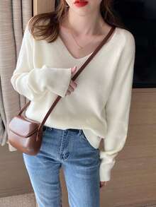 Women's Autumn/Winter Simple V-Neck Versatile Pullover Sweater - Beige - View 3