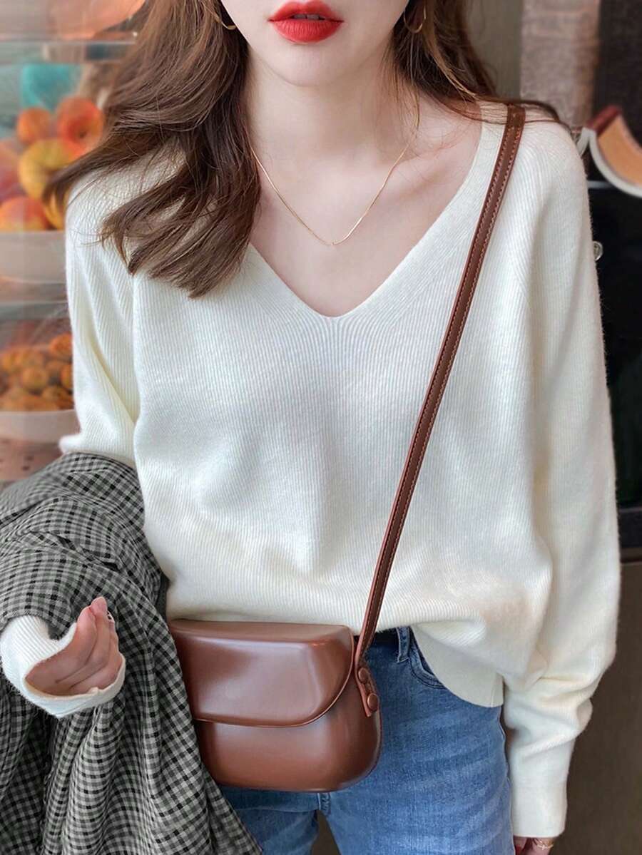 Women's Autumn/Winter Simple V-Neck Versatile Pullover Sweater - Beige - View 1