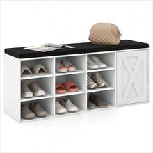 9-Rack Shoe Bench W/ Door Cabinet & 9 Racks & Sponge Padded Cushion White - Multicolor - View 1