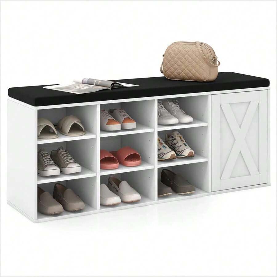 9-Rack Shoe Bench W/ Door Cabinet & 9 Racks & Sponge Padded Cushion White - Multicolor - View 1