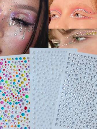 1 Set 3 Pcs 3-4-5mm Colored White Glittery Stereo Gem Stickers Makeup Holiday Party Y2K Style Music Festival DIY Eyes Face Jewels Stickers Suitable For Dance Performances Parties And Stage Cosplay Concert Wedding Fake Tattoos