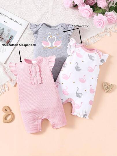 Neues 3-teiliges Set für Baby Mädchen im Sommer, Krabbel-Overall mit Schwan Muster, kreativ mit drei warmen Farbkombinationen, sieht gut aus und ist vielseitig einsetzbar