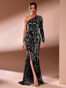 女士单肩亮片开衩晚礼服，黑色优雅长袖正式舞会礼服，适合婚礼嘉宾、毕业典礼、晚宴 - 黑色 - 查看 1