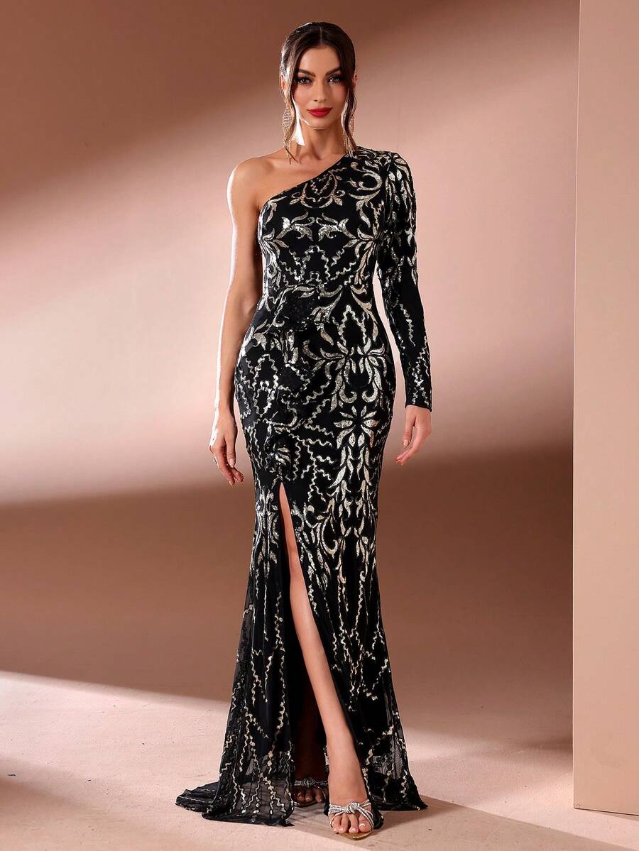 女士单肩亮片开衩晚礼服，黑色优雅长袖正式舞会礼服，适合婚礼嘉宾、毕业典礼、晚宴 - 黑色 - 查看 1