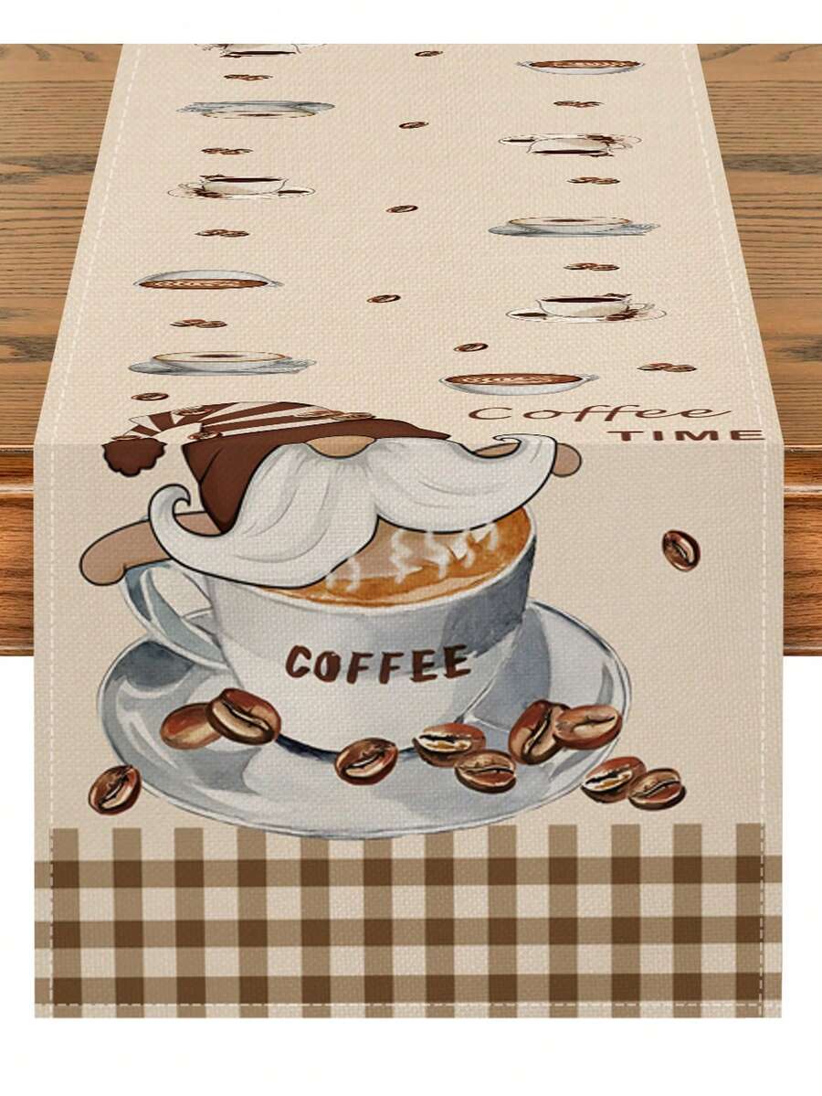 1pc Decorative Table Runner, Plaid Gnome Coffee Time Cartoon Tablescape