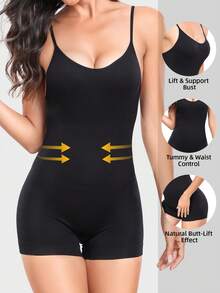 Women's Solid Color Body Shaping Bodysuit Shorts - Black - View 7