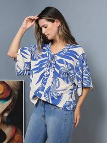 Women's Dune Bat Print V-Neck Blouse With Bow - 藍色 - 查看 3