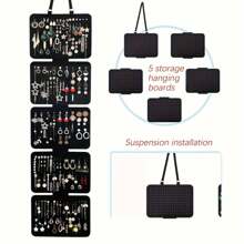 1pc Black Felt Jewelry Organizer Board, 5-Tier Hanging Storage Pouch, Large Capacity Foldable Earring & Pendant Display, Multifunctional Badge Medal Pin Showcase With Hanging Rope - Multicolor - View 3