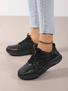 Zapatillas casuales para mujer en negro y dorado, zapatos deportivos ligeros y amortiguadores, zapatillas gruesas versátiles para primavera/otoño. Zapatos deportivos de cuero negro y dorado para mujer, suela blanda y cómoda para mamá, zapatos casuales ligeros y transpirables para el trabajo. Nuevas zapatillas de cuero negro y dorado para mujer, zapatos casuales con plataforma, zapatos deportivos ligeros y versátiles para estudiantes - Negro - Ver 10