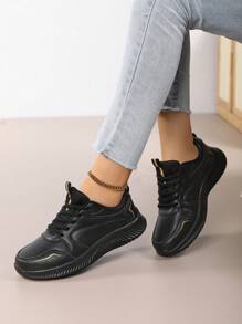 Zapatillas casuales para mujer en negro y dorado, zapatos deportivos ligeros y amortiguadores, zapatillas gruesas versátiles para primavera/otoño. Zapatos deportivos de cuero negro y dorado para mujer, suela blanda y cómoda para mamá, zapatos casuales ligeros y transpirables para el trabajo. Nuevas zapatillas de cuero negro y dorado para mujer, zapatos casuales con plataforma, zapatos deportivos ligeros y versátiles para estudiantes - Negro - Ver 9