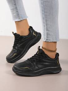 Zapatillas casuales para mujer en negro y dorado, zapatos deportivos ligeros y amortiguadores, zapatillas gruesas versátiles para primavera/otoño. Zapatos deportivos de cuero negro y dorado para mujer, suela blanda y cómoda para mamá, zapatos casuales ligeros y transpirables para el trabajo. Nuevas zapatillas de cuero negro y dorado para mujer, zapatos casuales con plataforma, zapatos deportivos ligeros y versátiles para estudiantes - Negro - Ver 3