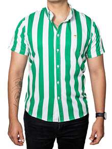Camisa Hombre Casual Manga Corta Rayas Verdes, Blancas - Verde - Ver 3