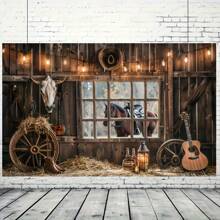 1 pieza Fondo rústico de estilo vaquero occidental - 1 banner de poliéster con diseño de granero de madera, para decoración al aire libre, decoración de estilo de granja, decoración de estilo country, Navidad - Multicolor - Ver 4