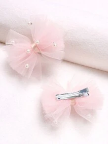 2pcs/Pack Transparent Mesh Faux Pearl Hair Clips, Pink - Pink - View 5