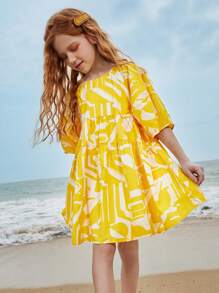 mini bala Girls' Summer Insert Sleeve Elegant Princess Style Dress - Yellow - View 3