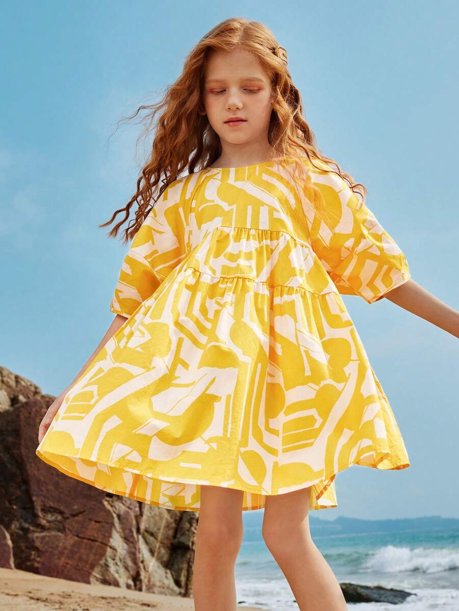 mini bala Girls' Summer Insert Sleeve Elegant Princess Style Dress - Yellow - View 1