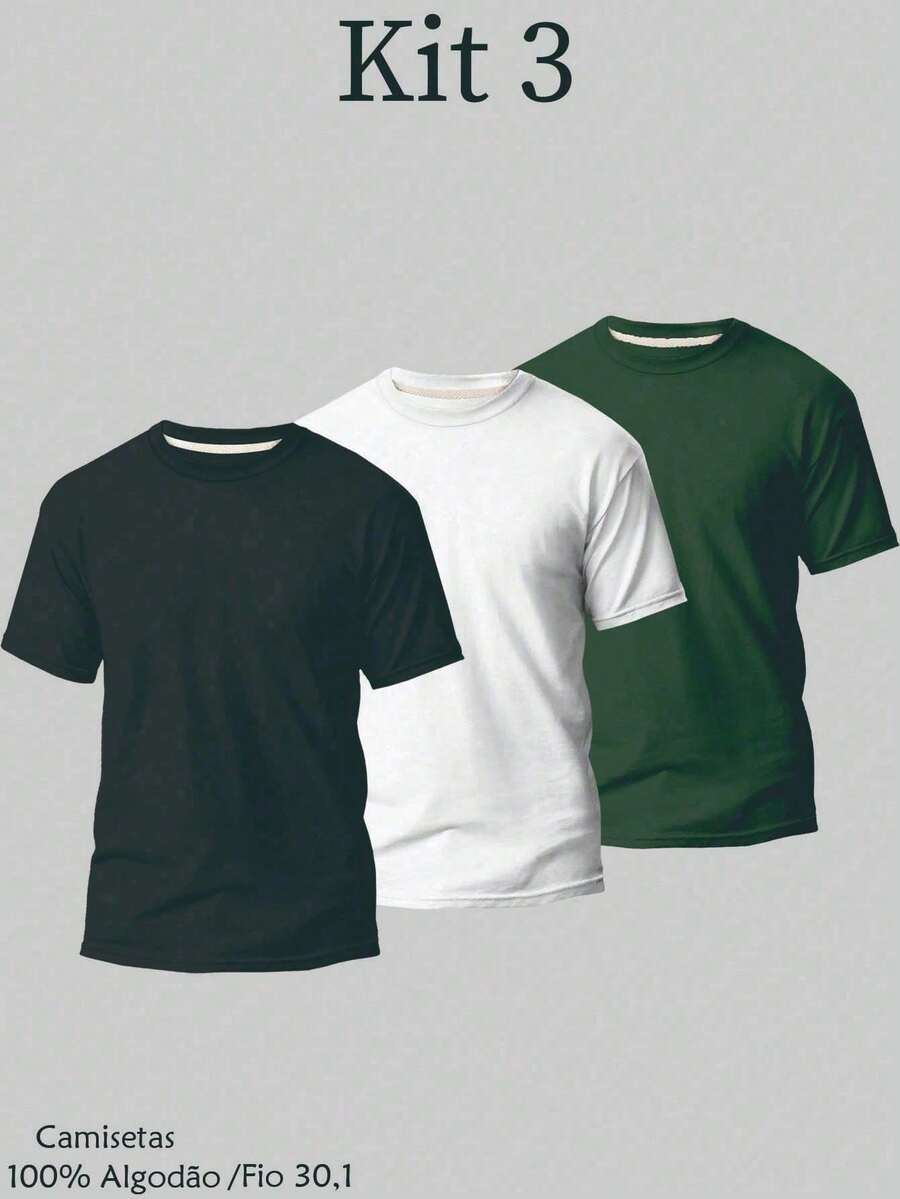 Kit 3 Plain Basic T-Shirt 100% Cotton Thread 30.1 Men's Unisex Breathable Reinforced Costume Fast Shipping!! - màu đen - Xem 1
