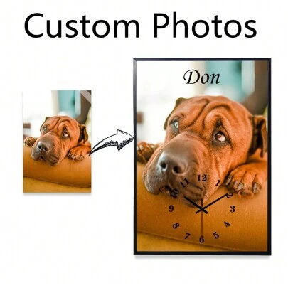 1 ชิ้น นาฬิกาแขวนผนังสี่เหลี่ยมระงับเสียง, นาฬิกาแขวนผนังกรอบอลูมิเนียมอัลลอยด์ที่มีรูปภาพของคุณตามต้องการ, ของขวัญสำหรับครอบครัว คนรัก และสัตว์เลี้ยง