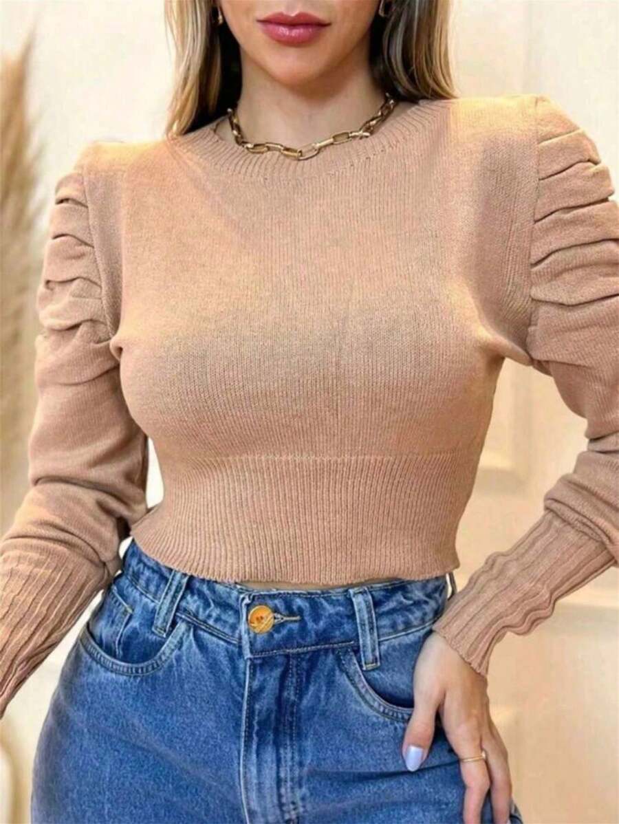 TRICOZHU Women's Blouse MODAL Long Sleeve Ribbed Princess Blouse 20244 - 卡其色 - 查看 1