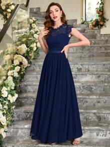MIUSOL Floral Lace Bodice Cap Sleeve Chiffon Ribbon Waist Formal Party Dress