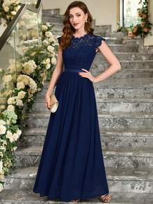 MIUSOL 花卉蕾絲上身絲帶腰舞會連衣裙