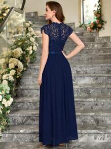 MIUSOL Floral Lace Bodice Cap Sleeve Chiffon Ribbon Waist Formal Party Dress