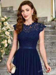 MIUSOL Floral Lace Bodice Cap Sleeve Chiffon Ribbon Waist Formal Party Dress