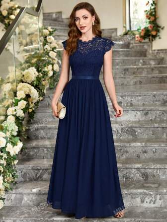 MIUSOL Formelles Party-Kleid mit Blumen-Spitzen-Oberteil, Puffärmeln, Chiffon und Schleife in der Taille
