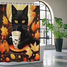 1/3/4 件秋收感恩节浴帘 - 枫叶和黑猫图案浴帘 - 防水且可机洗 - 秋季装饰的完美之选 - 彩色 - 查看 2