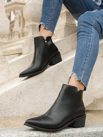 时尚法式尖头中跟短靴，时尚英式女式踝靴