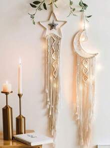 1 PC Dream Catcher Wall Hanging Star Moon Boho Macrame Decor With Tassels, Handmade Bohemian Bedroom Living Room Home Art, Gift For Christmas Birthday Present - Beige - View 1