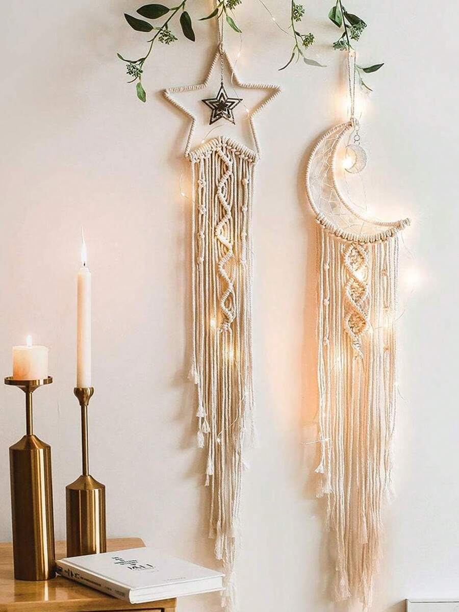 1 PC Dream Catcher Wall Hanging Star Moon Boho Macrame Decor With Tassels, Handmade Bohemian Bedroom Living Room Home Art, Gift For Christmas Birthday Present - Beige - View 1